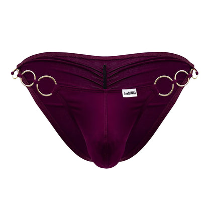 Deep purple velvet briefs with gold-toned metal rings and central zipper candyMan 99710 holes in one bikini burgundy
