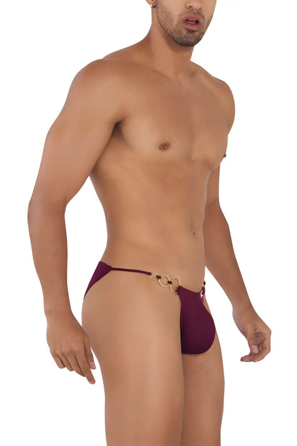 Maroon satin briefs with gold-toned ring detailing at the waistband from candyman 99710 holes in one bikini burgundy