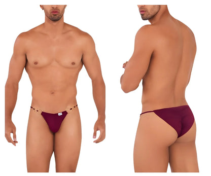 Maroon thong from CandyMan 99710 holes in one bikini with decorative chain detail at the front in burgundy color