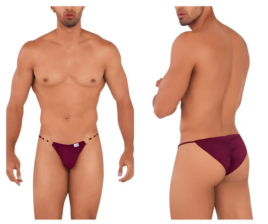 Maroon thong from CandyMan 99710 holes in one bikini with decorative chain detail at the front in burgundy color