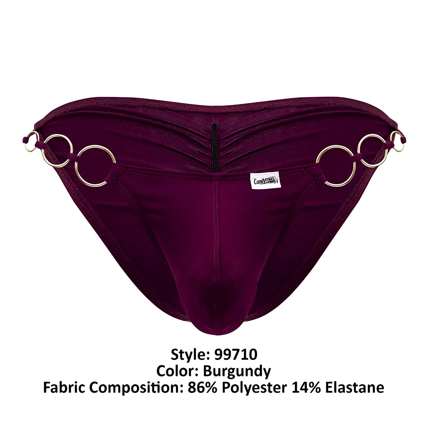 CandyMan 99710 holes in one bikini burgundy velvet briefs with gold-toned ring accents and central zipper