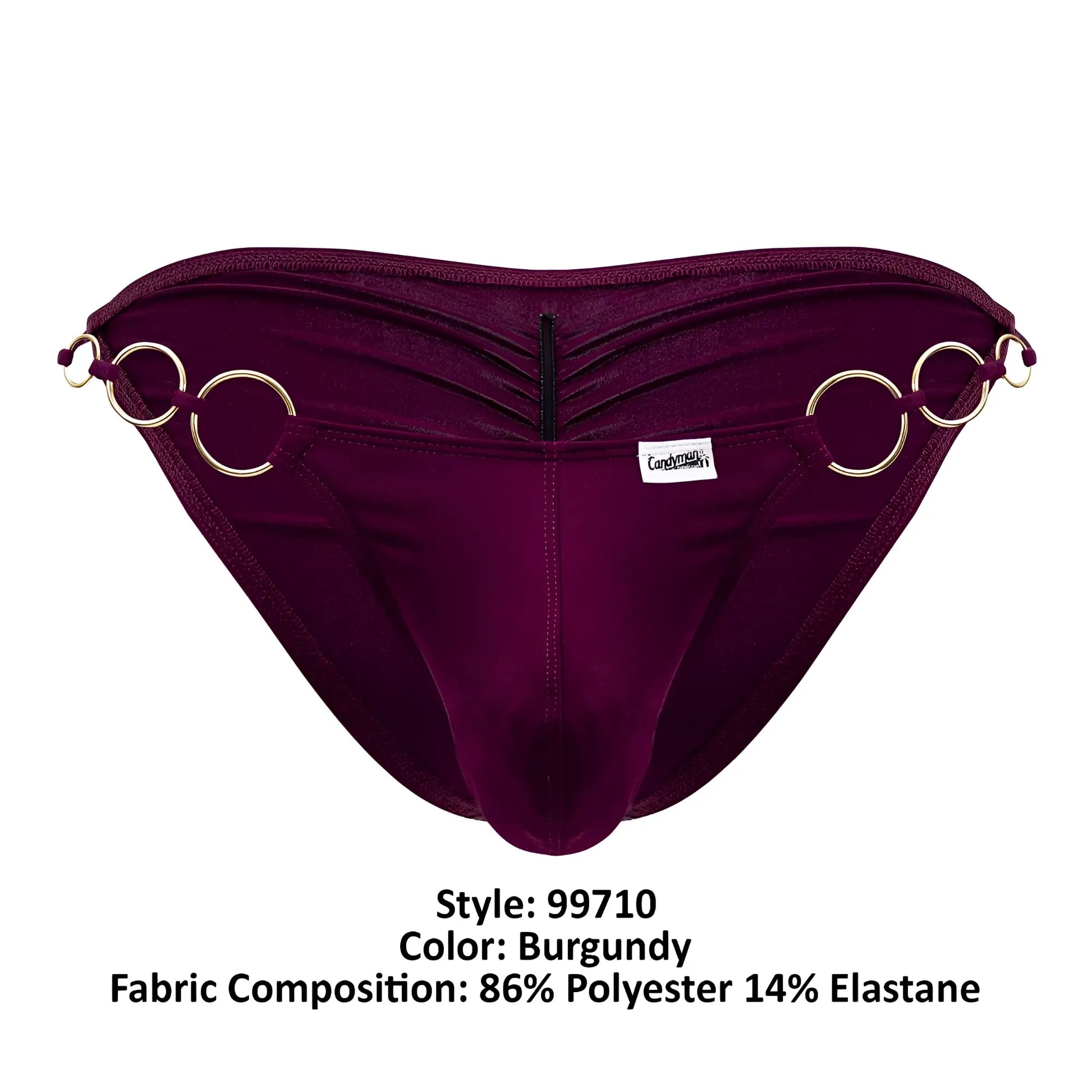 CandyMan 99710 holes in one bikini burgundy velvet briefs with gold-toned ring accents and central zipper