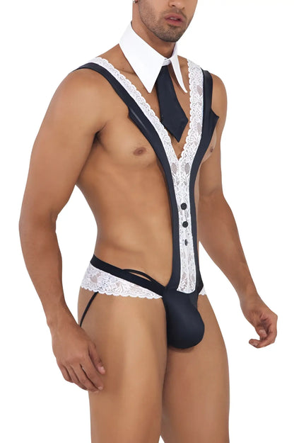 Black lace-trimmed mens novelty bodysuit with white collar and tie candy man 99715 work-n-play costume black