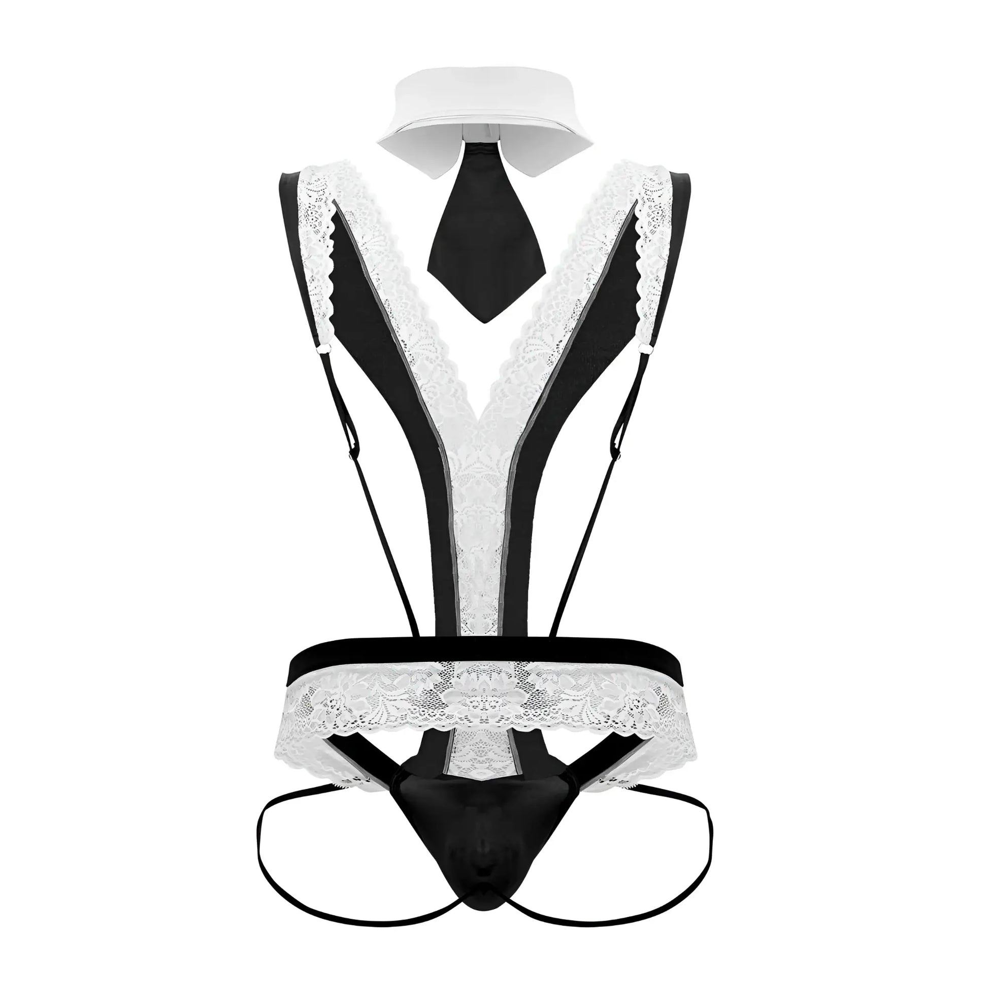 Black and white lace maid costume with collar tie suspenders in candy man 99715 work n play outfit black