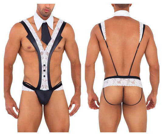 Black and white lace-trimmed men’s lingerie bodysuit with suspenders candyMan 99715 work-n-play costume outfit in black