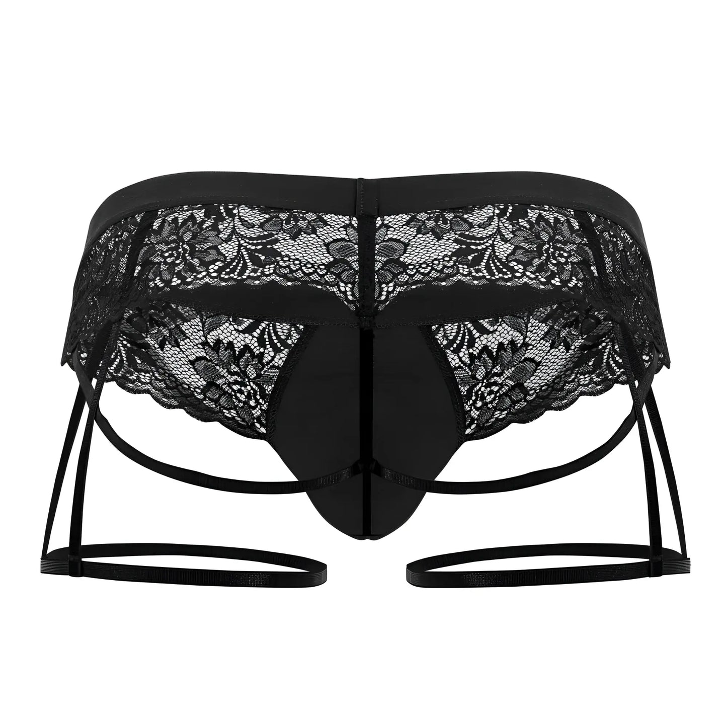 Black lace thong candyMan 99717 with intricate floral patterns and adjustable straps showing front view