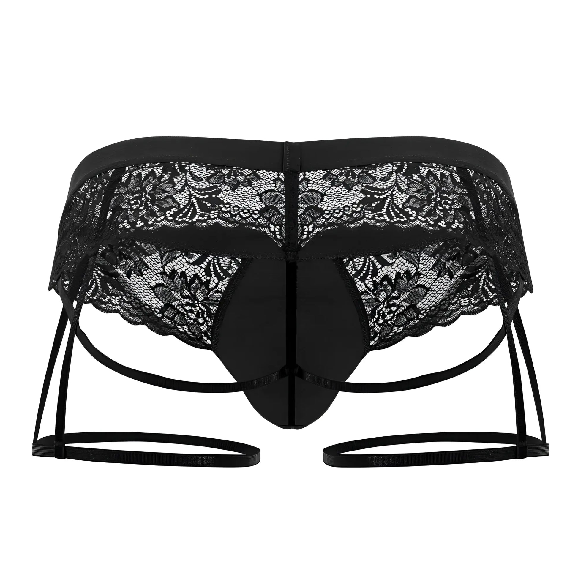 Black lace thong candyMan 99717 with intricate floral patterns and adjustable straps showing front view