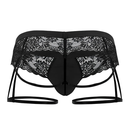 Black lace thong candyMan 99717 with intricate floral patterns and adjustable straps showing front view