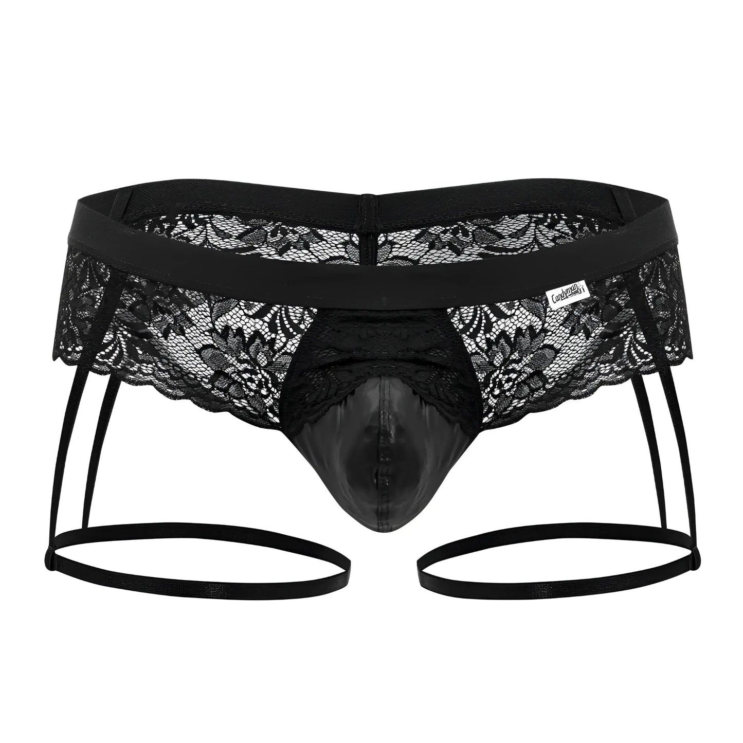 Black lace thong candyMan 99717 with shiny glossy front panel and adjustable straps in black lace garter jockstrap style