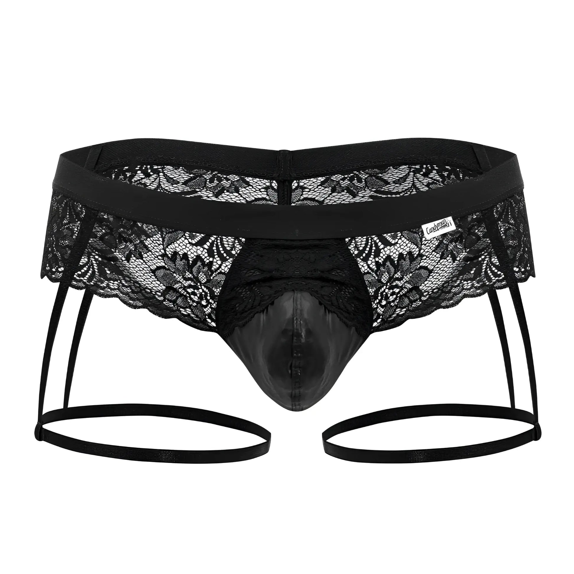 Black lace thong candyMan 99717 with shiny glossy front panel and adjustable straps in black lace garter jockstrap style