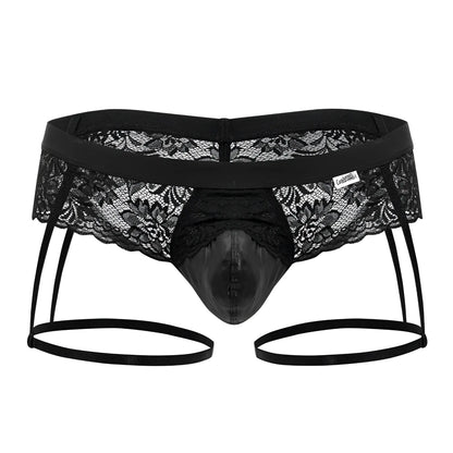 Black lace thong candyMan 99717 with shiny glossy front panel and adjustable straps in black lace garter jockstrap style