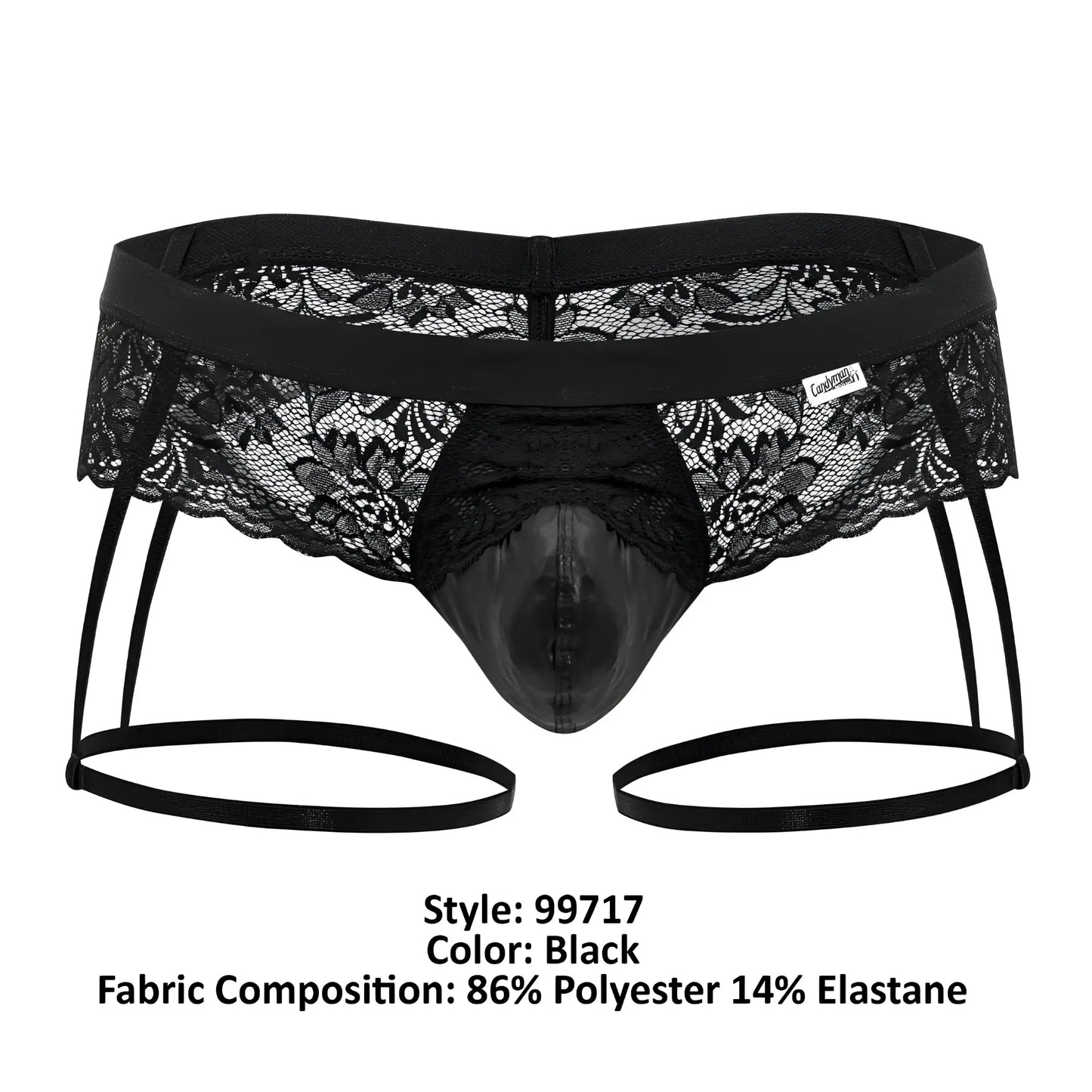 Black candyman 99717 lace garter jockstrap men’s briefs with glossy molded front panel and adjustable side straps