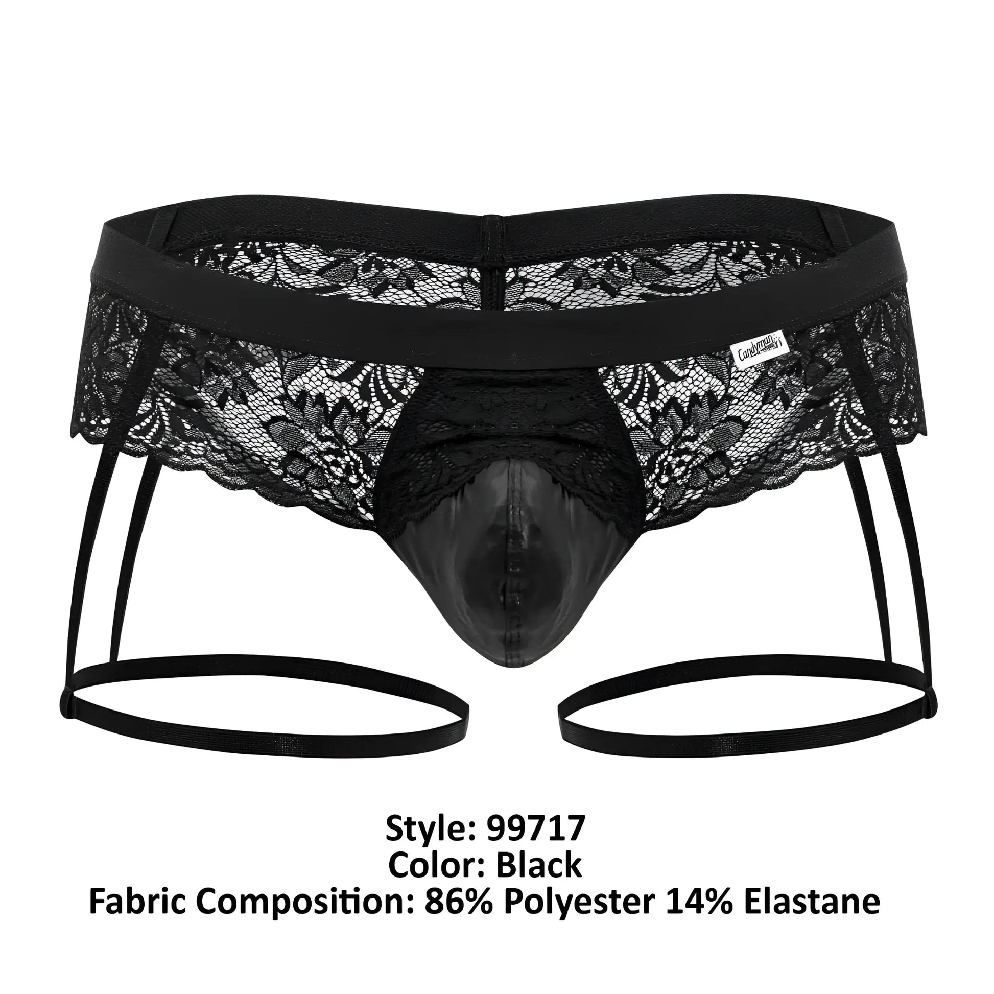 Black candyman 99717 lace garter jockstrap men’s briefs with glossy molded front panel and adjustable side straps