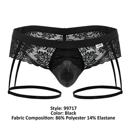 Black candyman 99717 lace garter jockstrap men’s briefs with glossy molded front panel and adjustable side straps