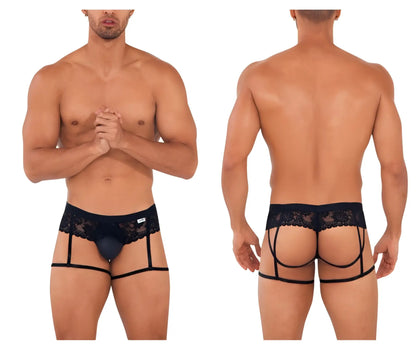 Black lace-trimmed CandyMan 99717 garter jockstrap briefs with supportive straps in black showing front view