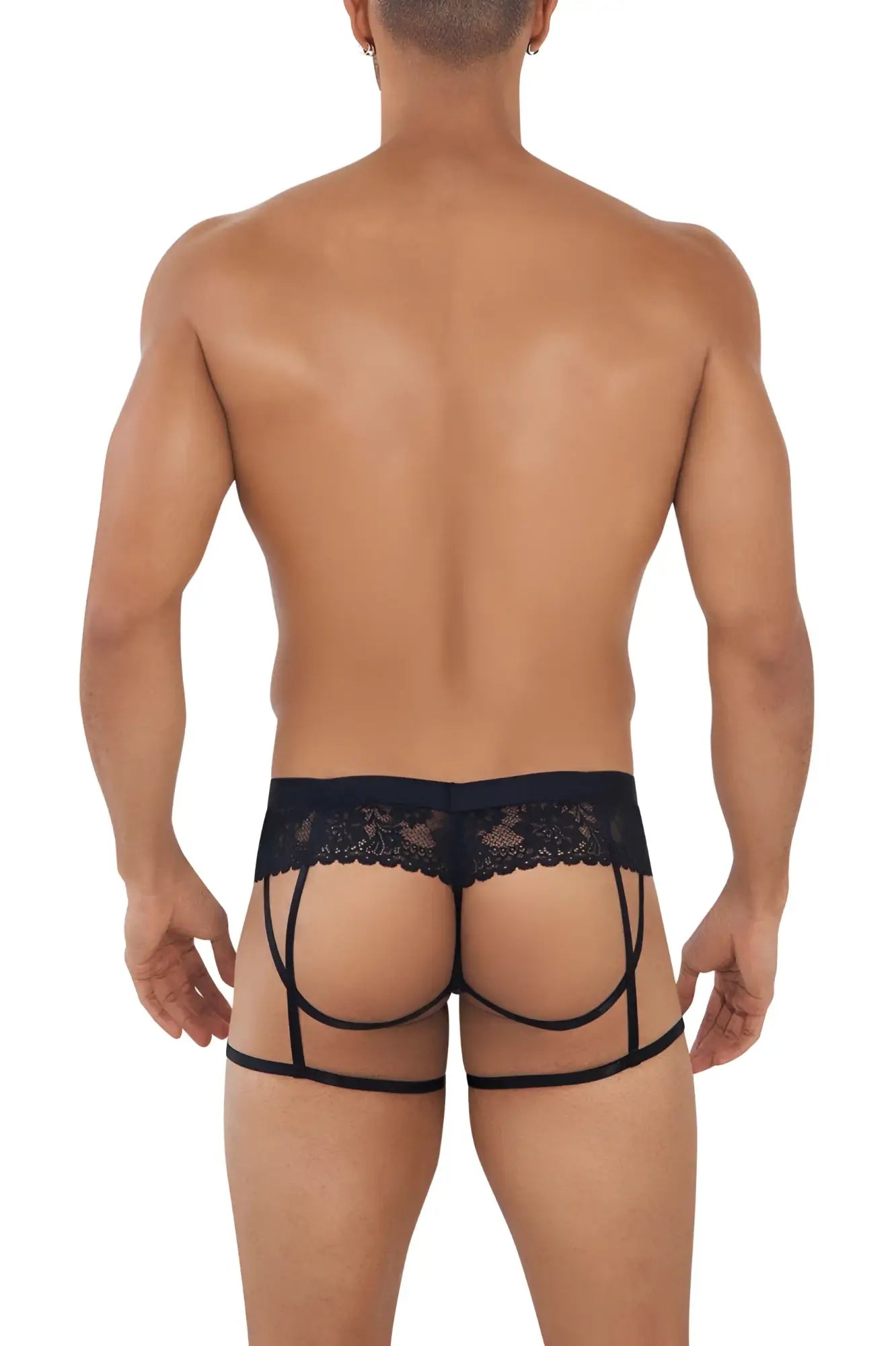Black candyMan 99717 lace garther jockstrap sheer mesh briefs with lace trim and strappy supportive design