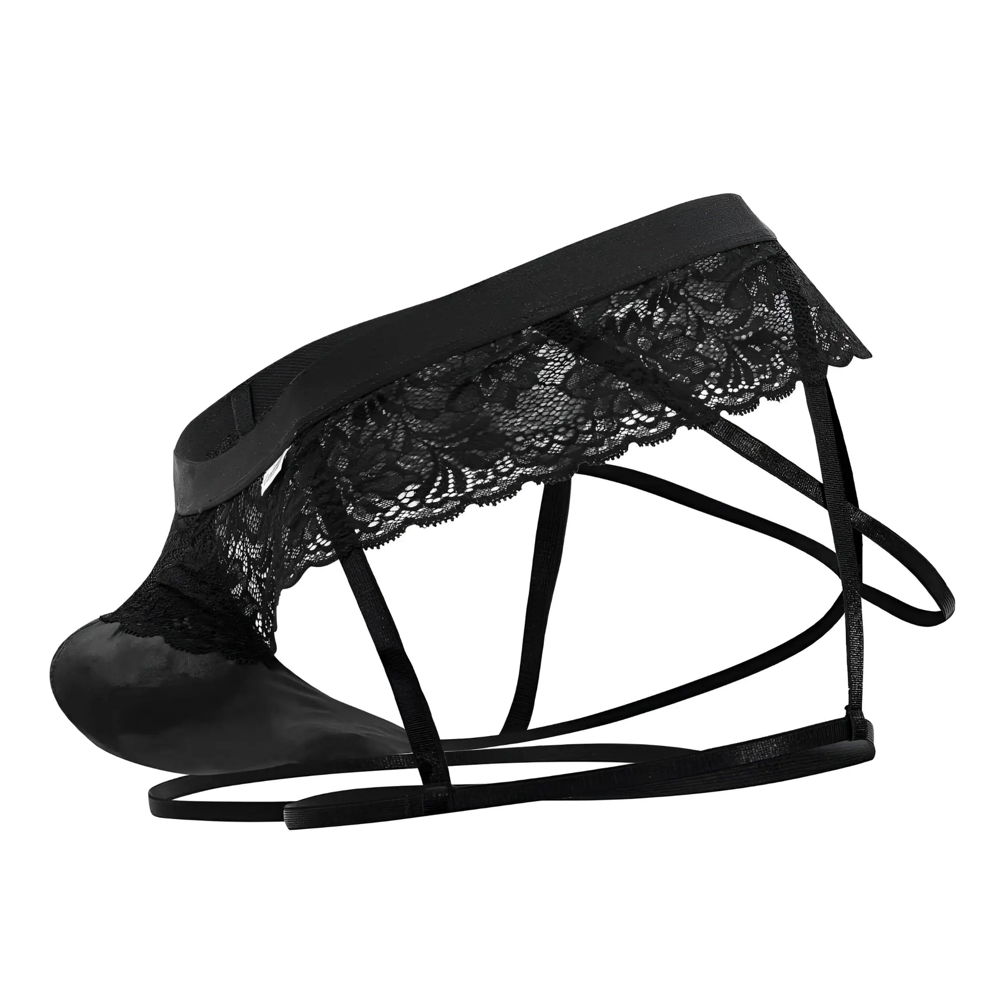 Black lace-trimmed satin garter jockstrap with crisscross straps by Candyman in black showing front view