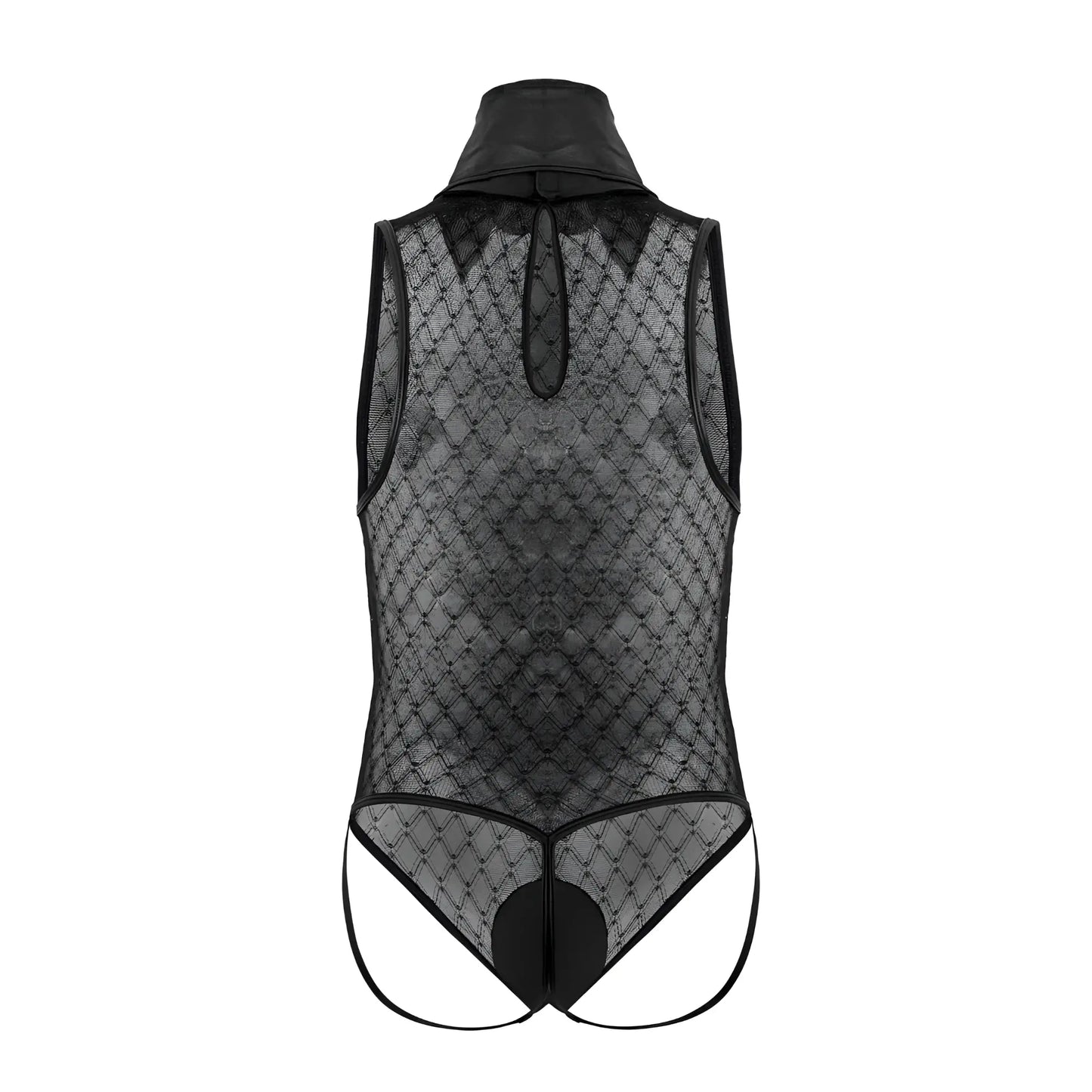 Black lace CandyMan 99720 Work-N-Play bodysuit with high collar and diamond-patterned mesh in black