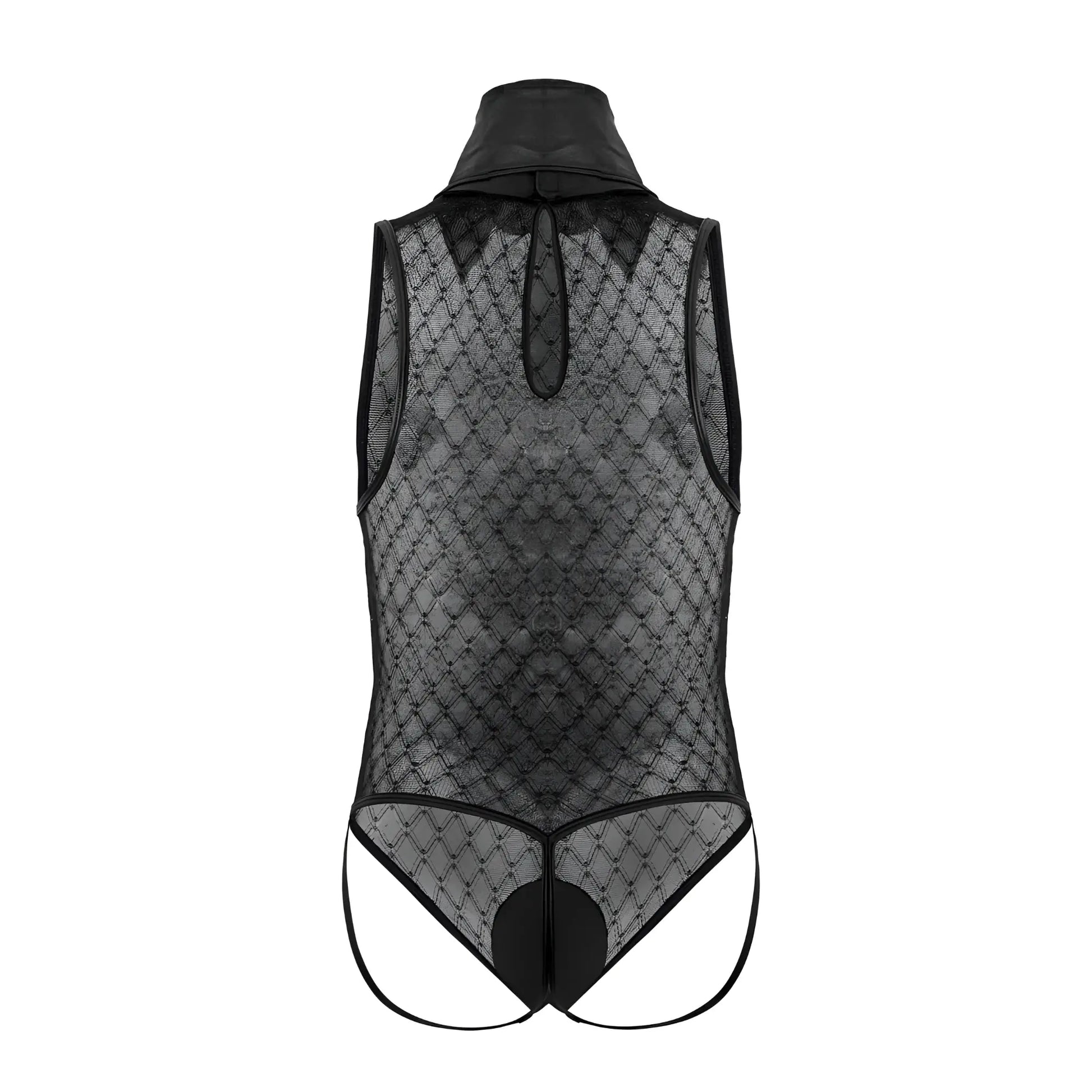 Black lace CandyMan 99720 Work-N-Play bodysuit with high collar and diamond-patterned mesh in black