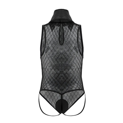 Black lace CandyMan 99720 Work-N-Play bodysuit with high collar and diamond-patterned mesh in black