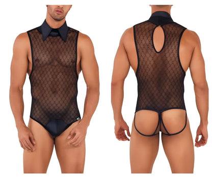 Black mesh CandyMan 99720 work-n-play bodysuit with collar and tie detail for versatile styling