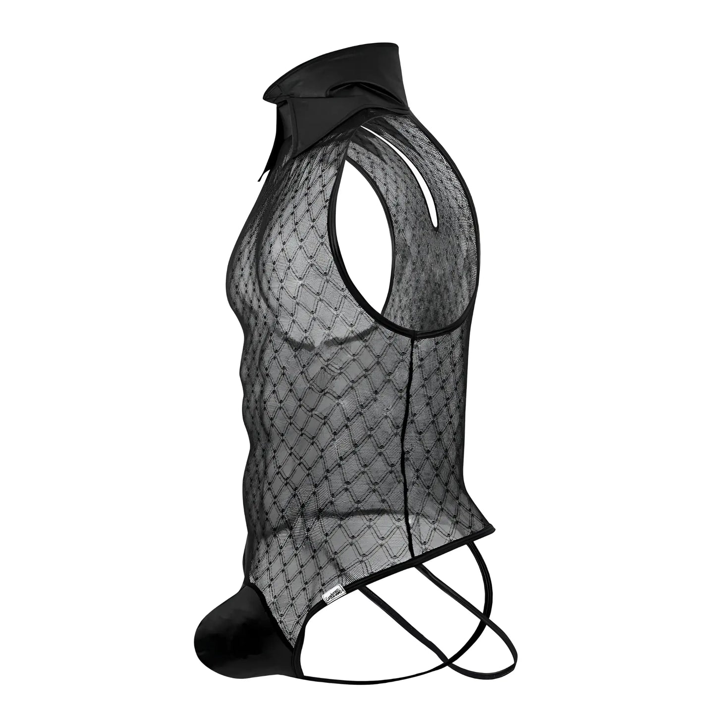CandyMan 99720 black mesh work-n-play bodysuit with solid collar and matching crotch ties