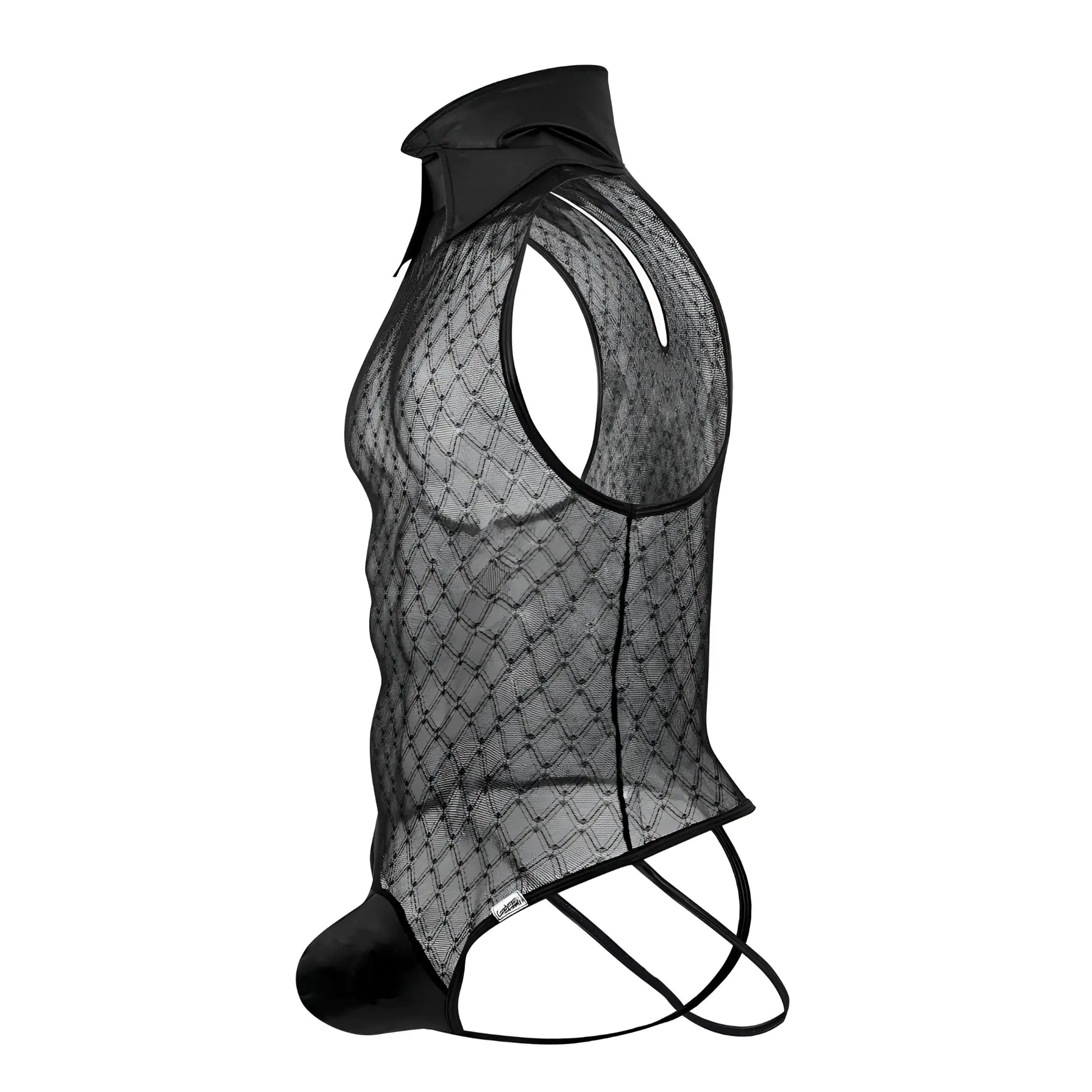 CandyMan 99720 black mesh work-n-play bodysuit with solid collar and matching crotch ties