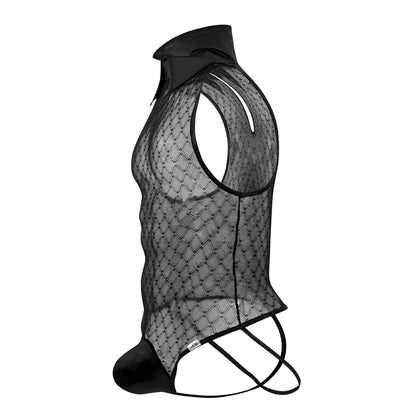 CandyMan 99720 black mesh work-n-play bodysuit with solid collar and matching crotch ties