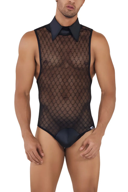 Black sheer mesh one-piece CandyMan 99720 Work-N-Play bodysuit with solid black collar and waistband