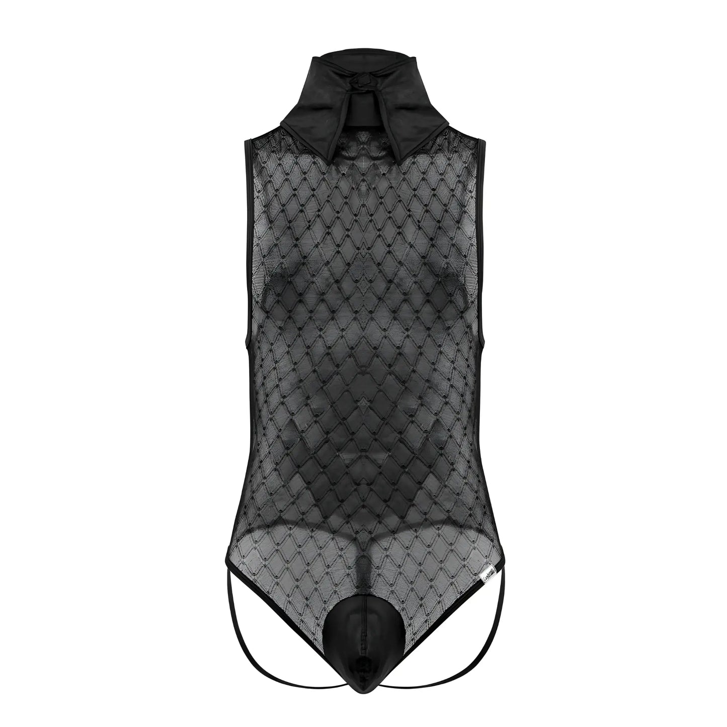 Black CandyMan 99720 work-n-play bodysuit with sheer mesh, structured collar, and diamond-patterned lace overlay