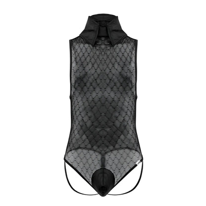 Black CandyMan 99720 work-n-play bodysuit with sheer mesh, structured collar, and diamond-patterned lace overlay