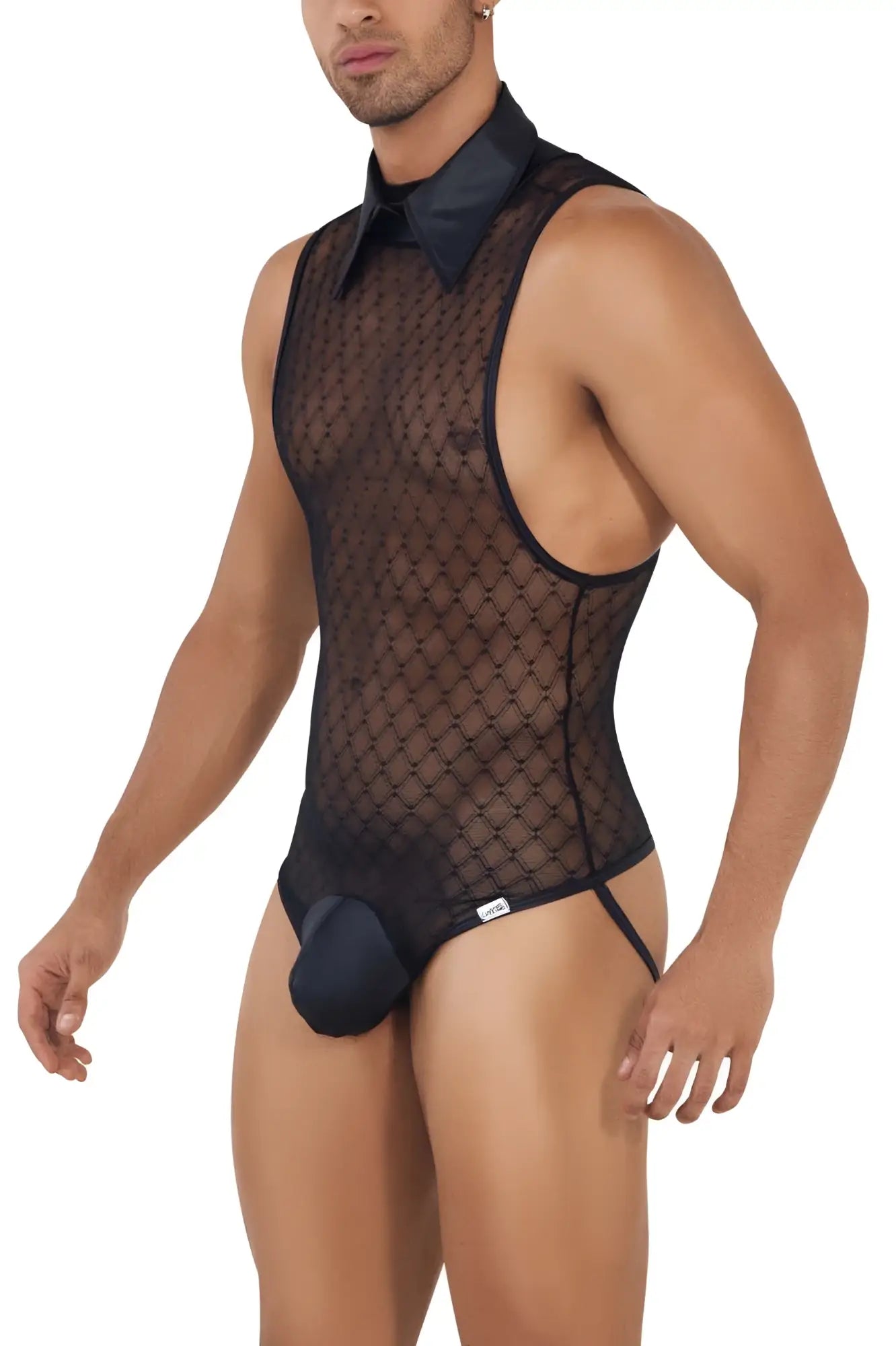 Black sheer mesh bodysuit with structured collar and matching fabric crotch panel from candyman 99720 work-n-play collection