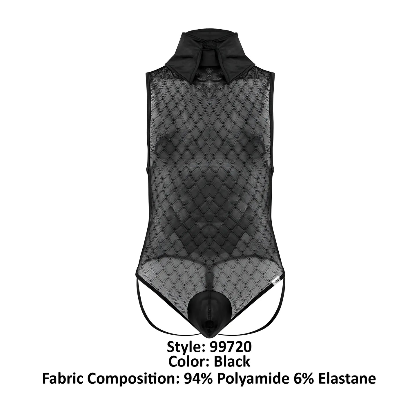 Black sheer mesh CandyMan 99720 Work-N-Play bodysuit with structured collar and elasticized waistband