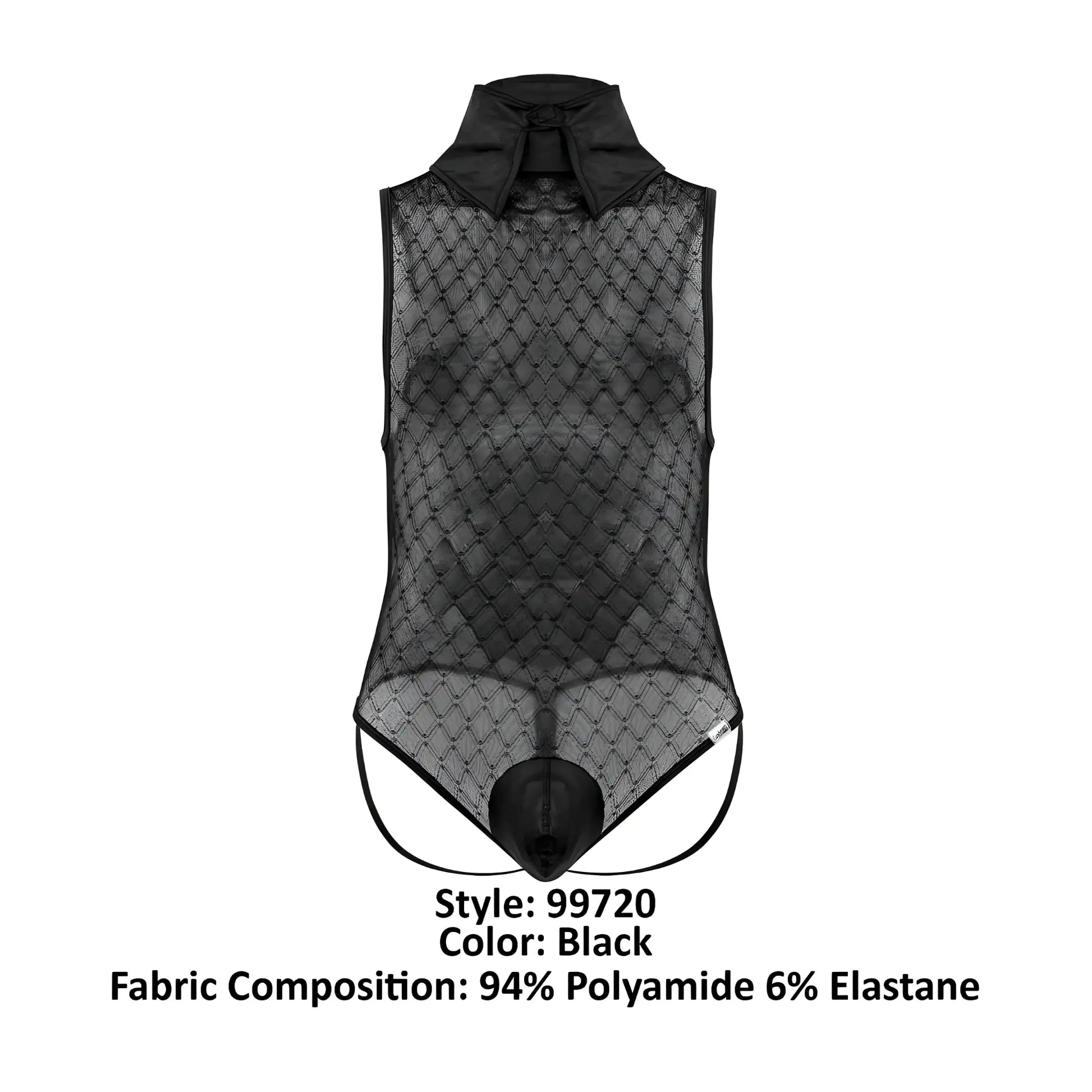 Black sheer mesh CandyMan 99720 Work-N-Play bodysuit with structured collar and elasticized waistband