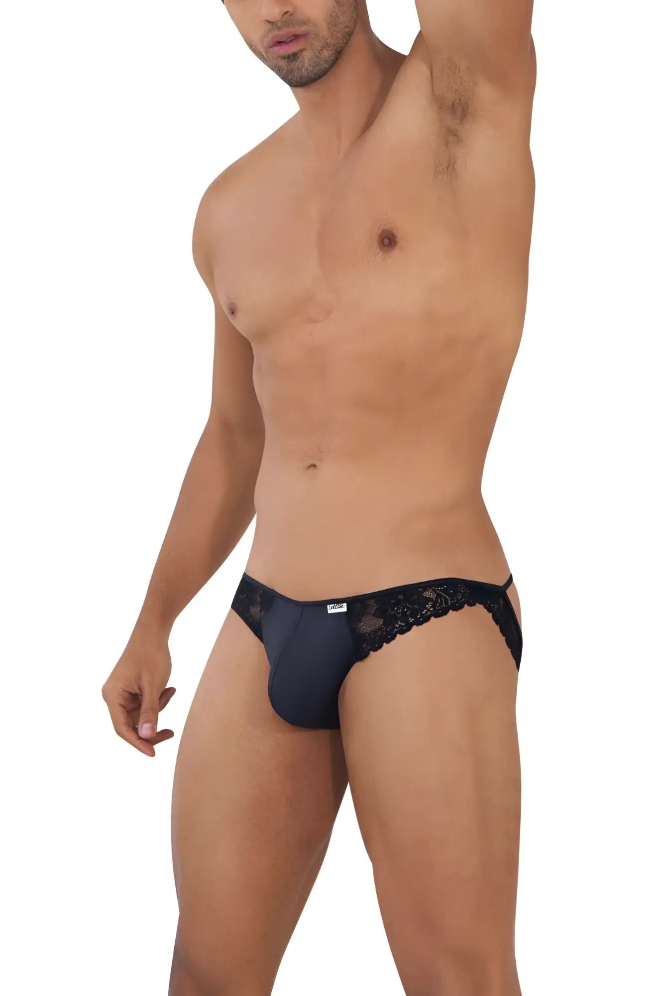 Black lace-trimmed candyMan 99721 lace jockstrap briefs with sleek form-fitting design in black color