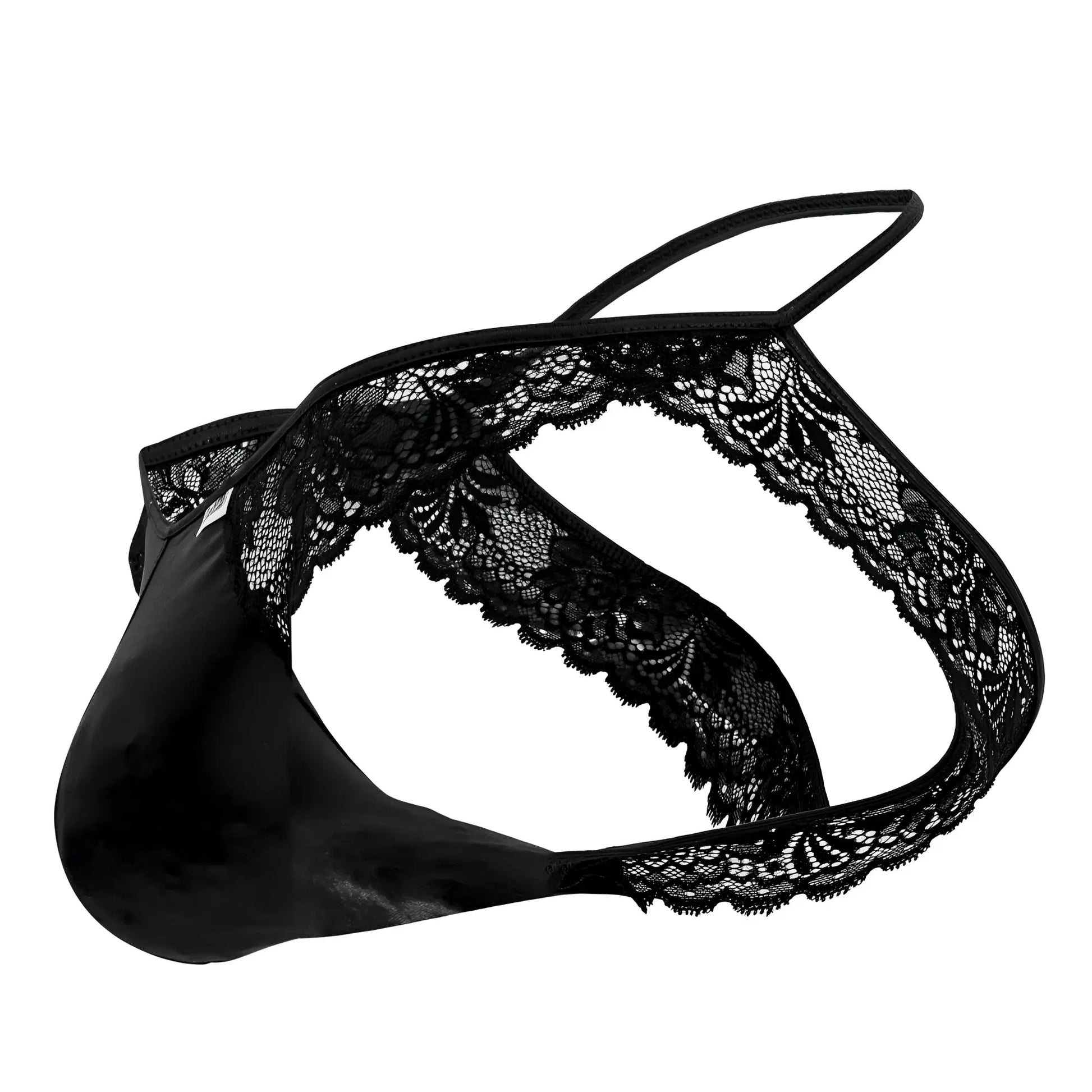Black lace-trimmed men’s thong candy man 99721 in smooth satin fabric with delicate floral edges in black color