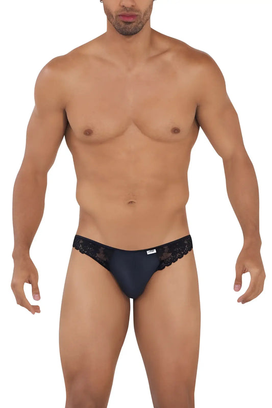Black lace-trimmed sleek form-fitting CandyMan 99721 lace jockstrap briefs in black showing the back side
