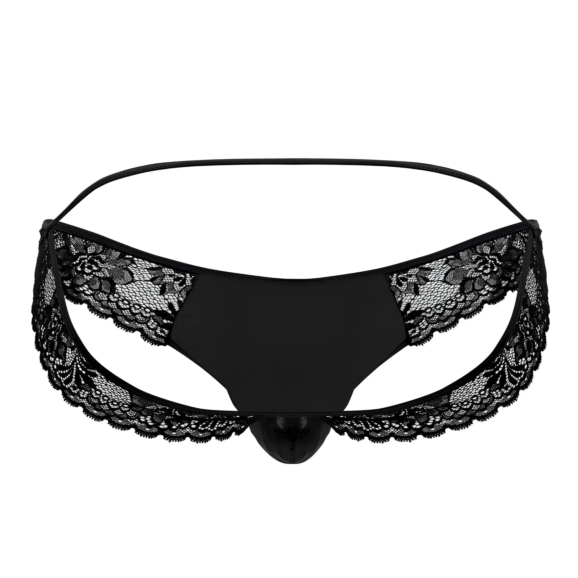 Black lace-trimmed thong with central pouch and thin elastic waistband candyMan 99721 lace jockstrap black