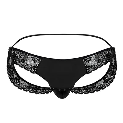 Black lace-trimmed thong with central pouch and thin elastic waistband candyMan 99721 lace jockstrap black