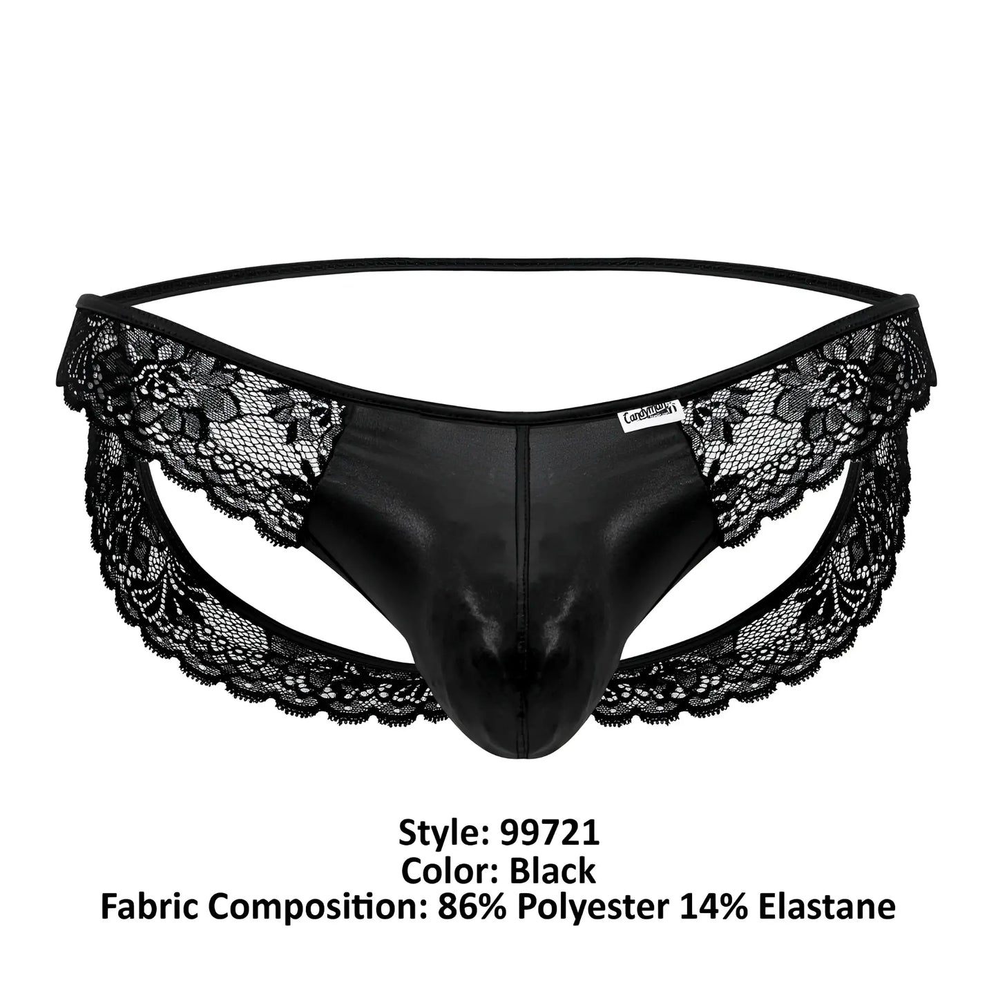 CandyMan 99721 lace jockstrap in black shiny polyester and elastane with black lace trim shown from the back