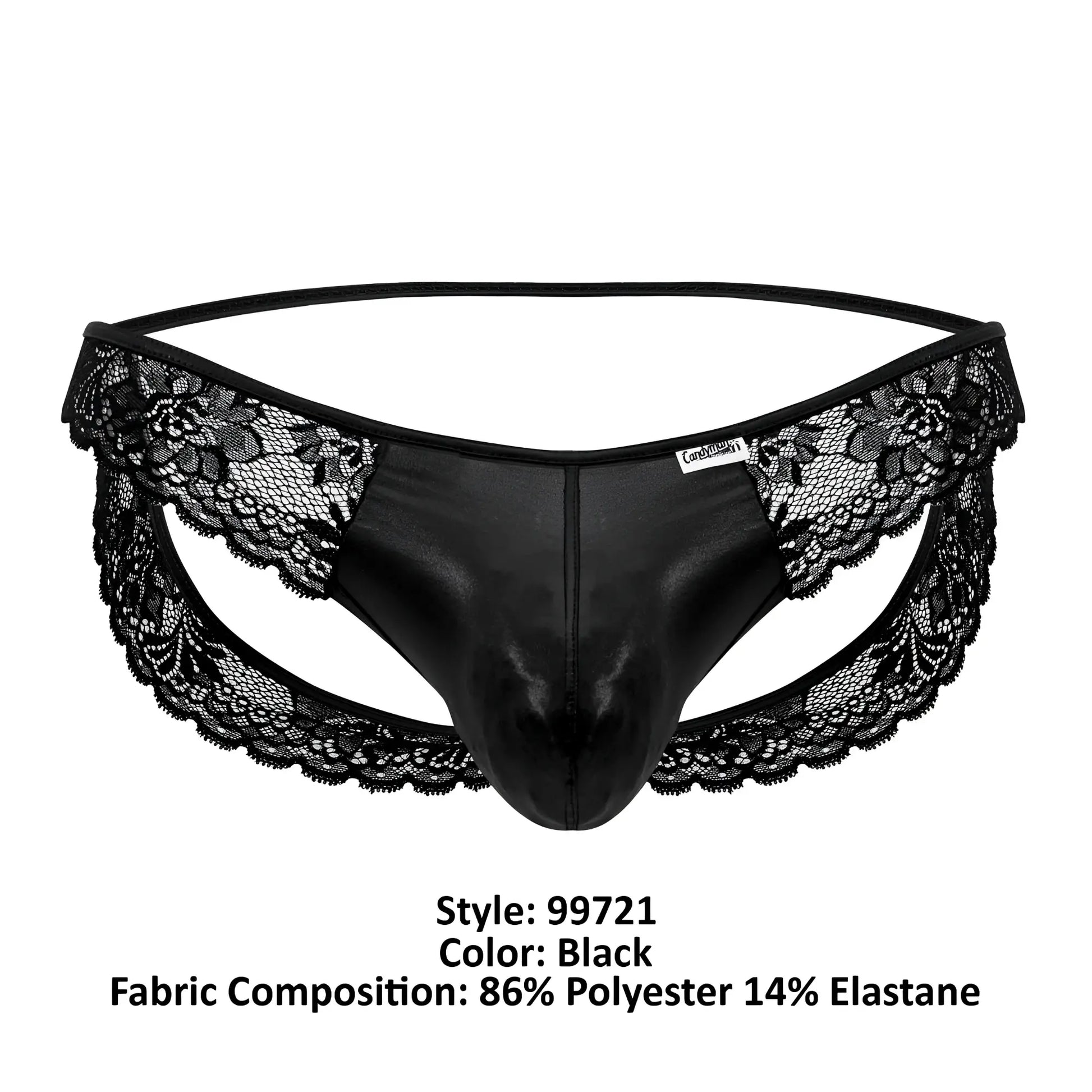 CandyMan 99721 lace jockstrap in black shiny polyester and elastane with black lace trim shown from the back