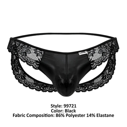 CandyMan 99721 lace jockstrap in black shiny polyester and elastane with black lace trim shown from the back