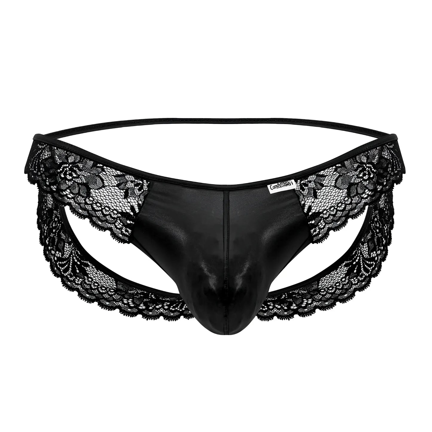Black lace-trimmed thong with shiny faux leather front panel in CandyMan 99721 lace jockstrap color black design