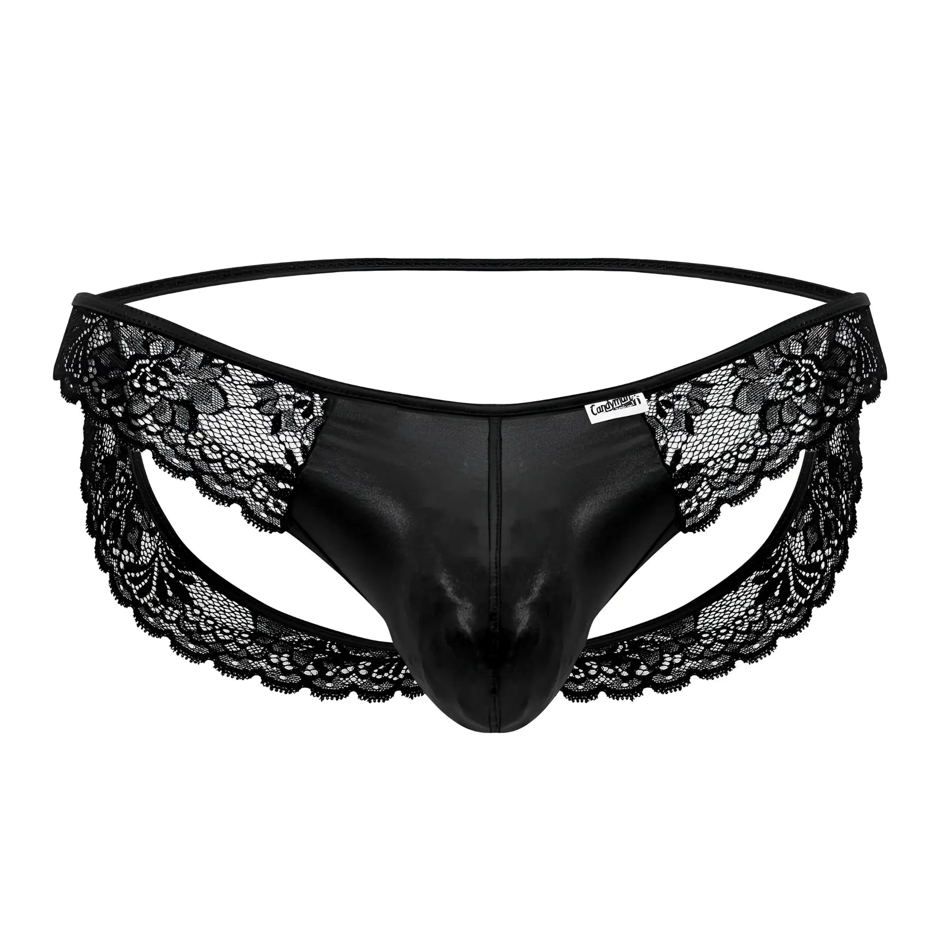 Black lace-trimmed thong with shiny faux leather front panel in CandyMan 99721 lace jockstrap color black design