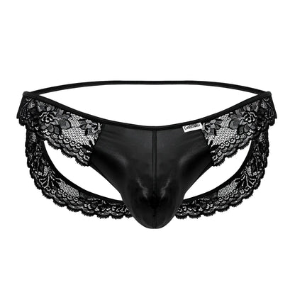 Black lace-trimmed thong with shiny faux leather front panel in CandyMan 99721 lace jockstrap color black design
