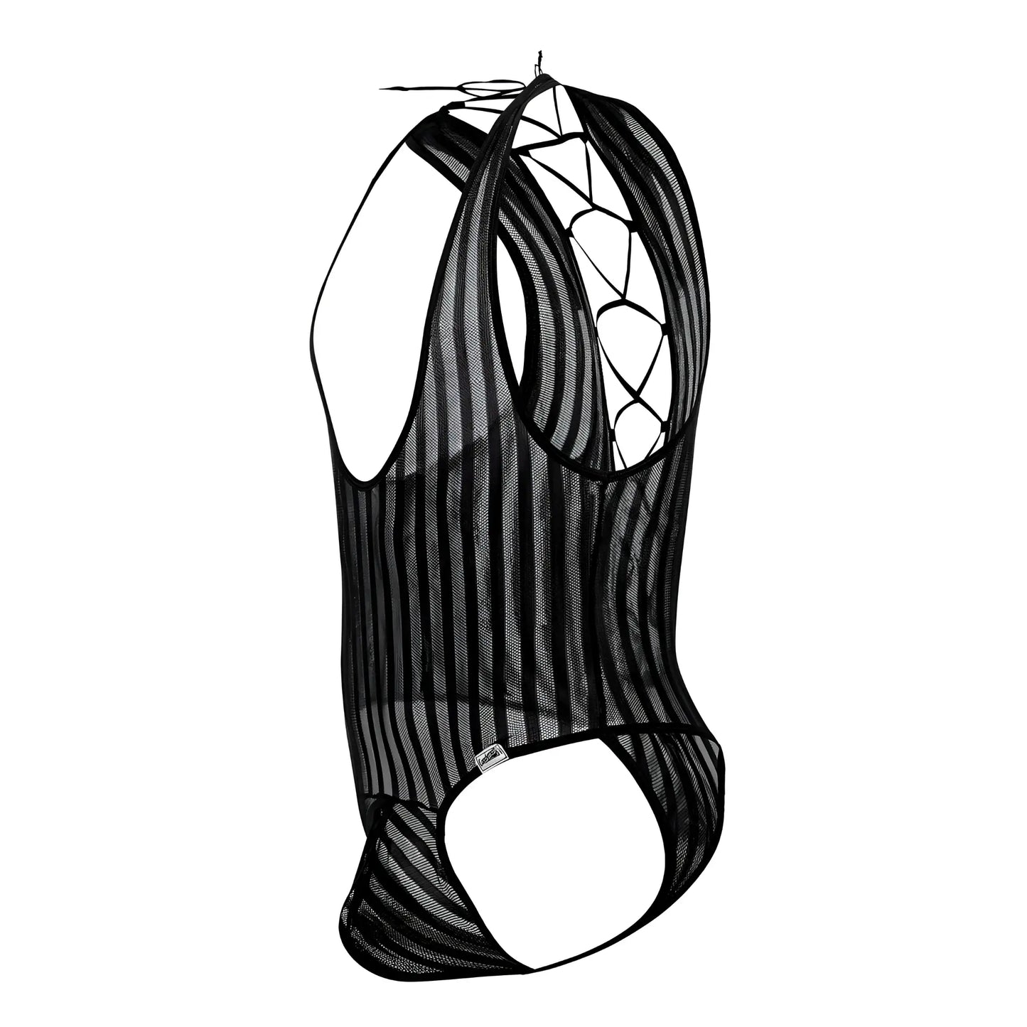 Black mesh one-piece CandyMan 99727X work-n-play bodysuit with vertical stripes and lace-up back design shown from back