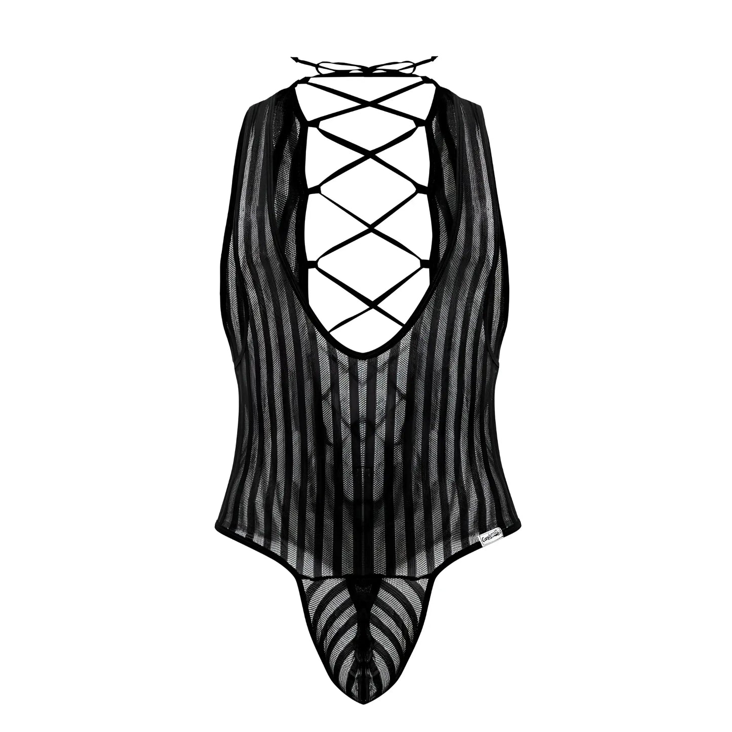 Black candyMan 99727X work-n-play mesh bodysuit with vertical stripes and lace-up back shown from the back side