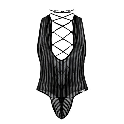 Black candyMan 99727X work-n-play mesh bodysuit with vertical stripes and lace-up back shown from the back side