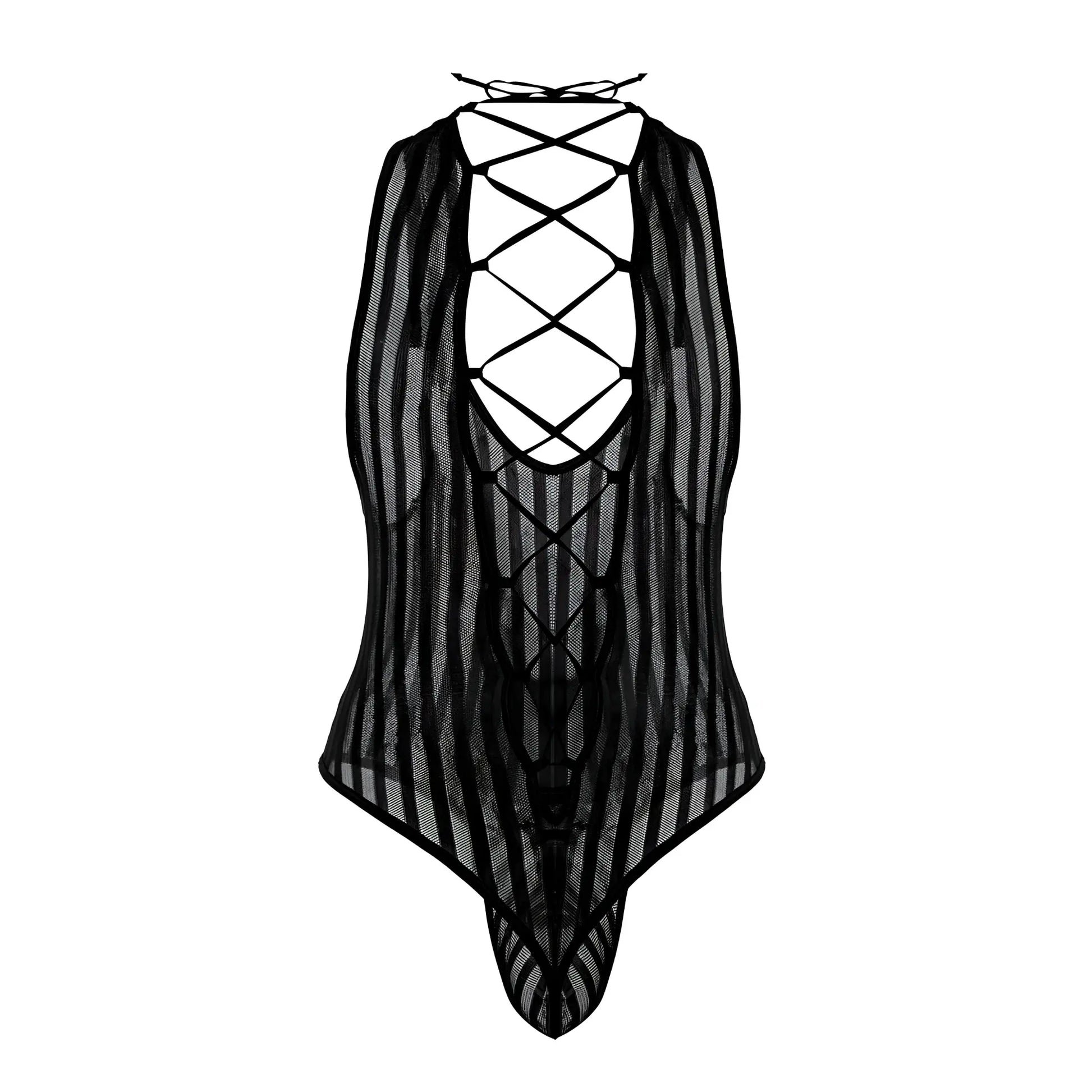 Black sheer mesh candyMan 99727X work-n-play bodysuit with lace-up back and vertical striped pattern shown from back