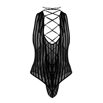 Black sheer mesh candyMan 99727X work-n-play bodysuit with lace-up back and vertical striped pattern shown from back